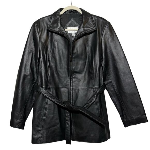 Worthington Black Genuine Leather Full Zip Belted Jacket Coat Womens Size Medium - Picture 1 of 5